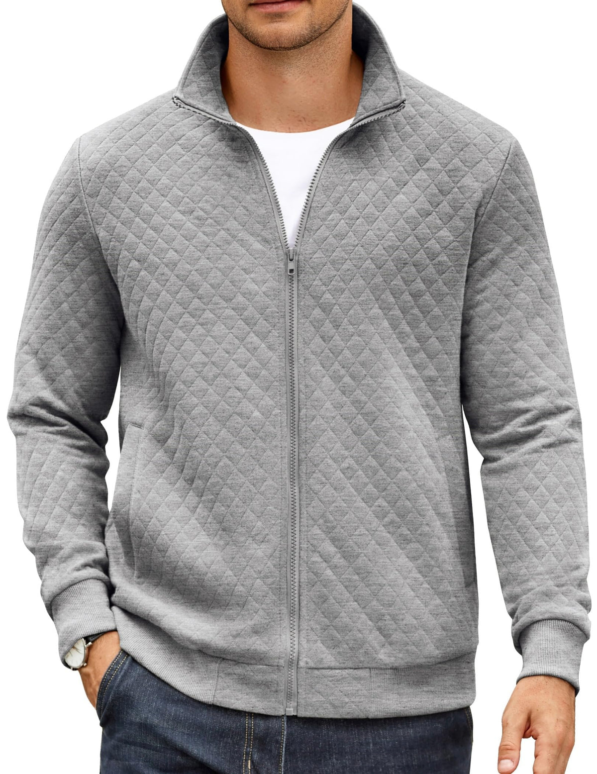 Luvella Mens Zip Up Sweatshirt Mock Neck Quilted Jacket Casual Lightweight Sweater Jackets with Pocket