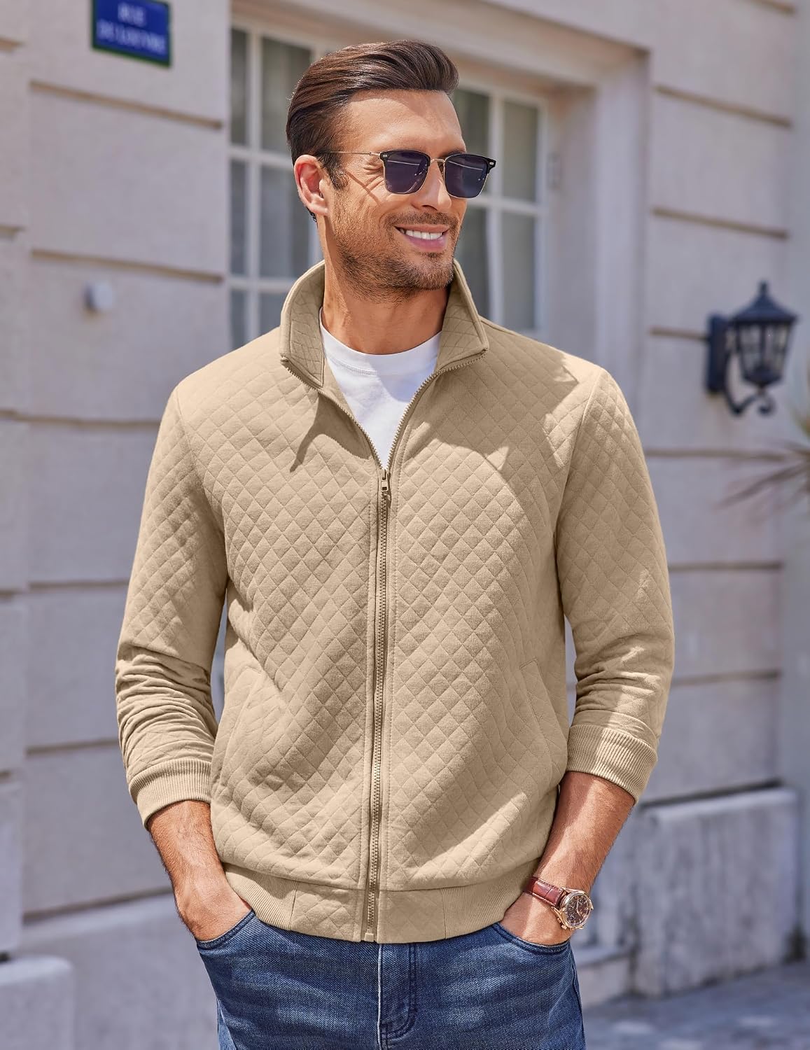 Luvella Mens Zip Up Sweatshirt Mock Neck Quilted Jacket Casual Lightweight Sweater Jackets with Pocket