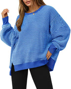 Luvella Women's Fall Oversized Sweatshirt Casual Waffle Knit Long Sleeve Crewneck Split Pullover Tunic Tops