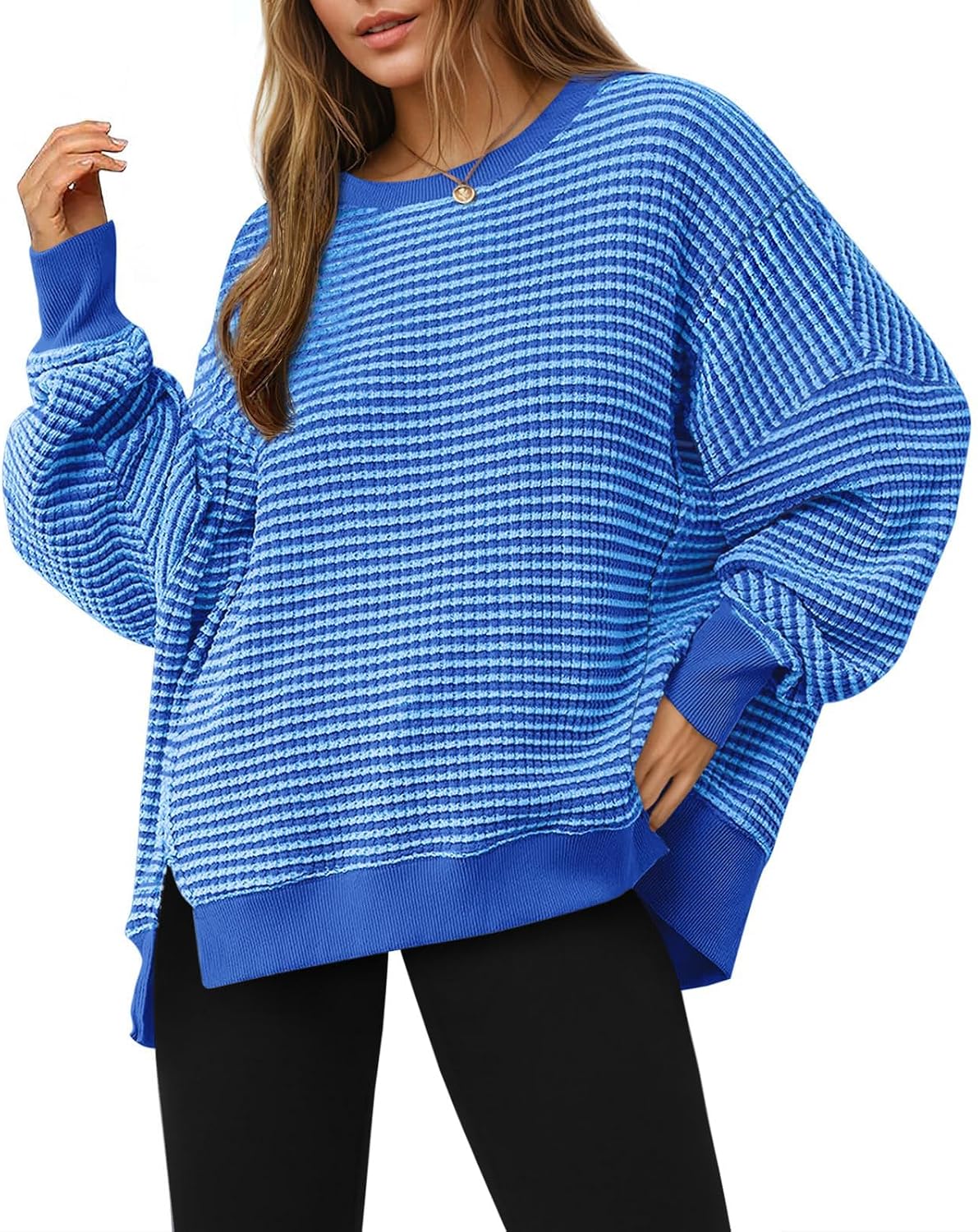 Luvella Women's Fall Oversized Sweatshirt Casual Waffle Knit Long Sleeve Crewneck Split Pullover Tunic Tops
