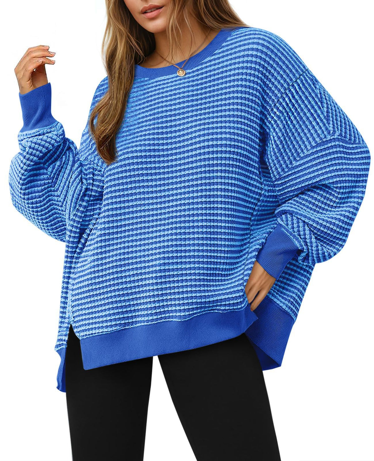 Luvella Women's Fall Oversized Sweatshirt Casual Waffle Knit Long Sleeve Crewneck Split Pullover Tunic Tops