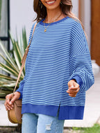 Luvella Women's Fall Oversized Sweatshirt Casual Waffle Knit Long Sleeve Crewneck Split Pullover Tunic Tops