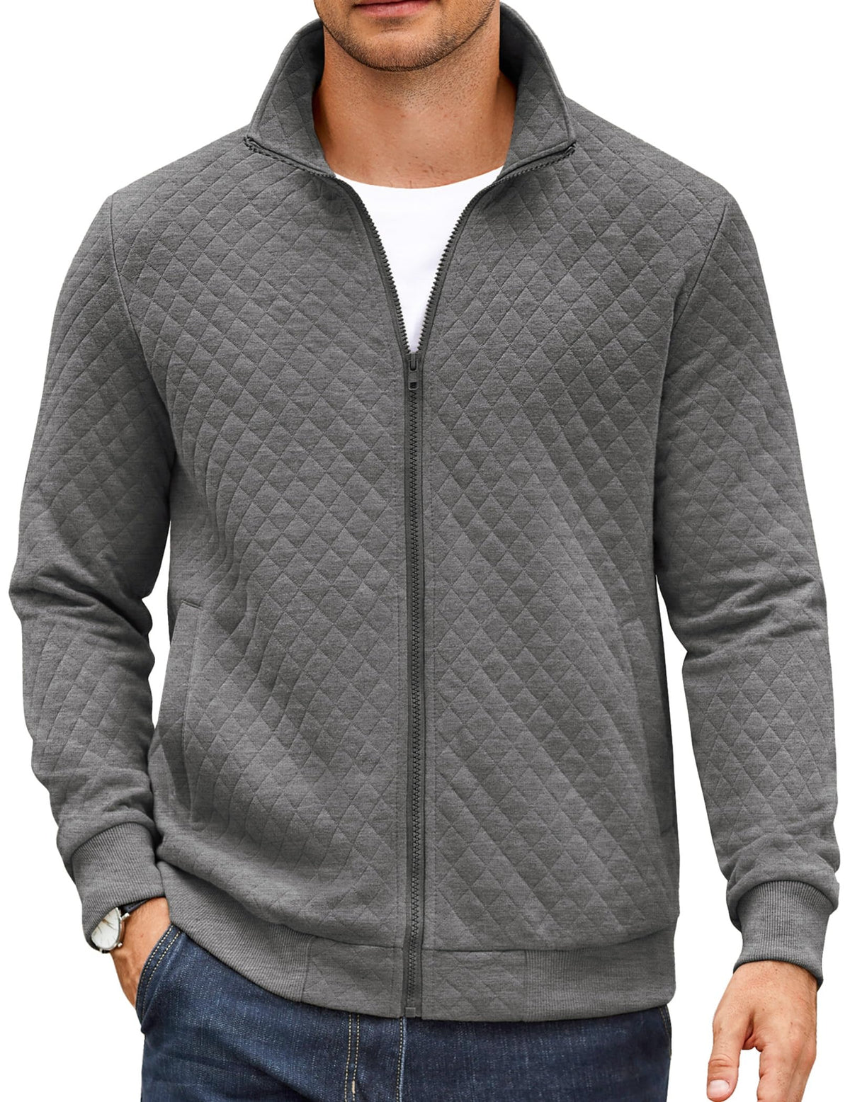Luvella Mens Zip Up Sweatshirt Mock Neck Quilted Jacket Casual Lightweight Sweater Jackets with Pocket