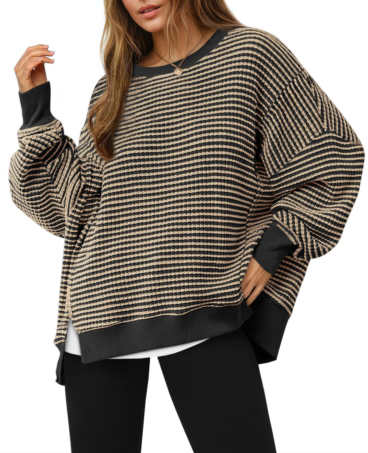 Luvella Women's Fall Oversized Sweatshirt Casual Waffle Knit Long Sleeve Crewneck Split Pullover Tunic Tops