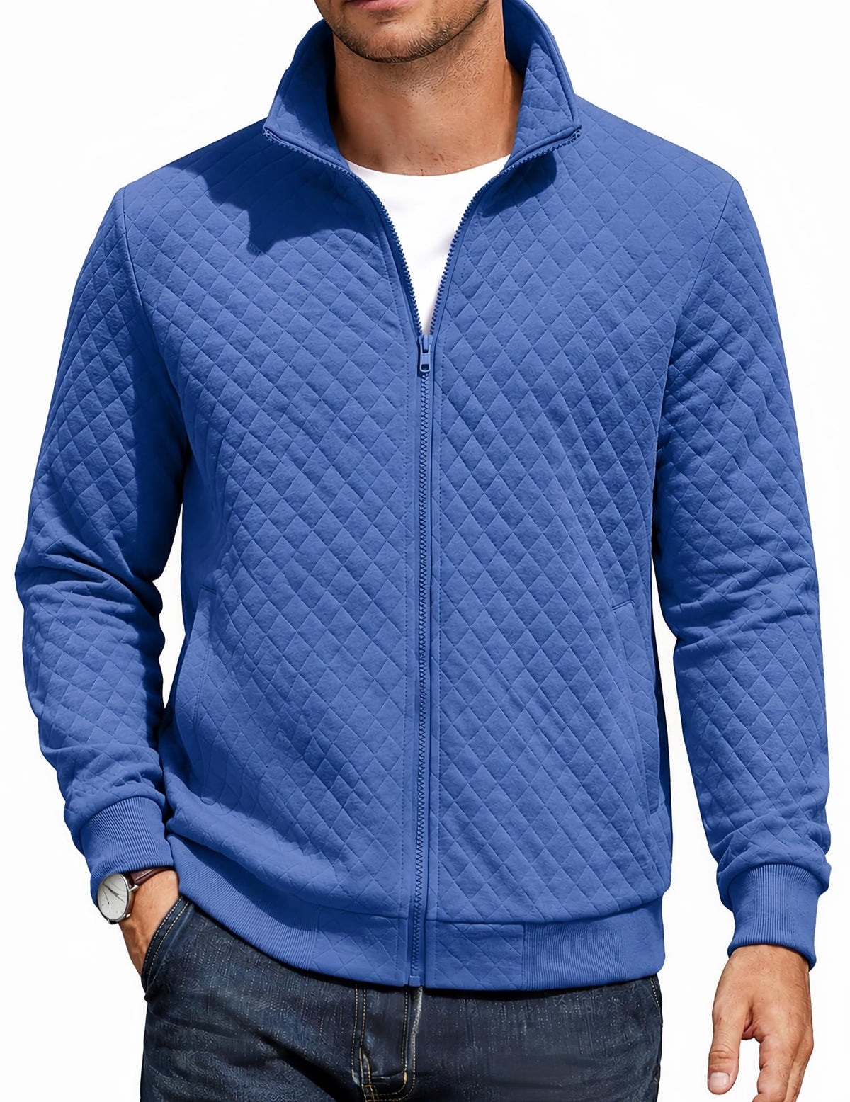 Luvella Mens Zip Up Sweatshirt Mock Neck Quilted Jacket Casual Lightweight Sweater Jackets with Pocket
