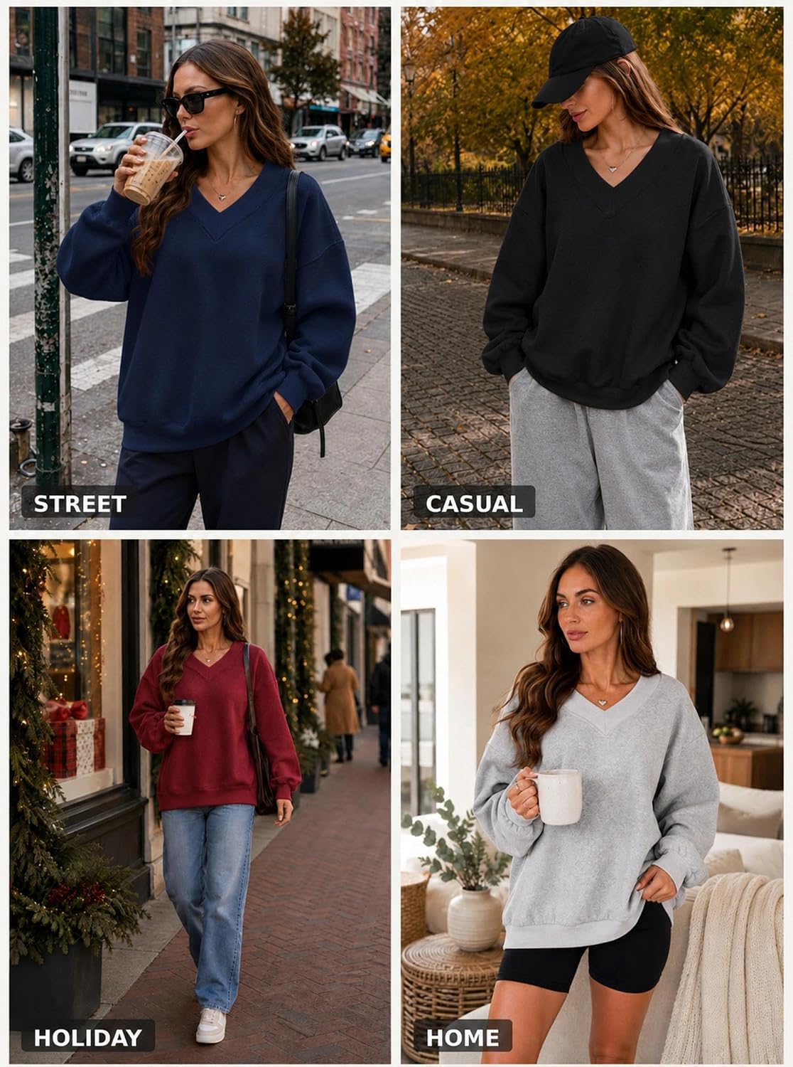 Luvella Womens V Neck Oversized Sweatshirts Long Sleeve Pullover