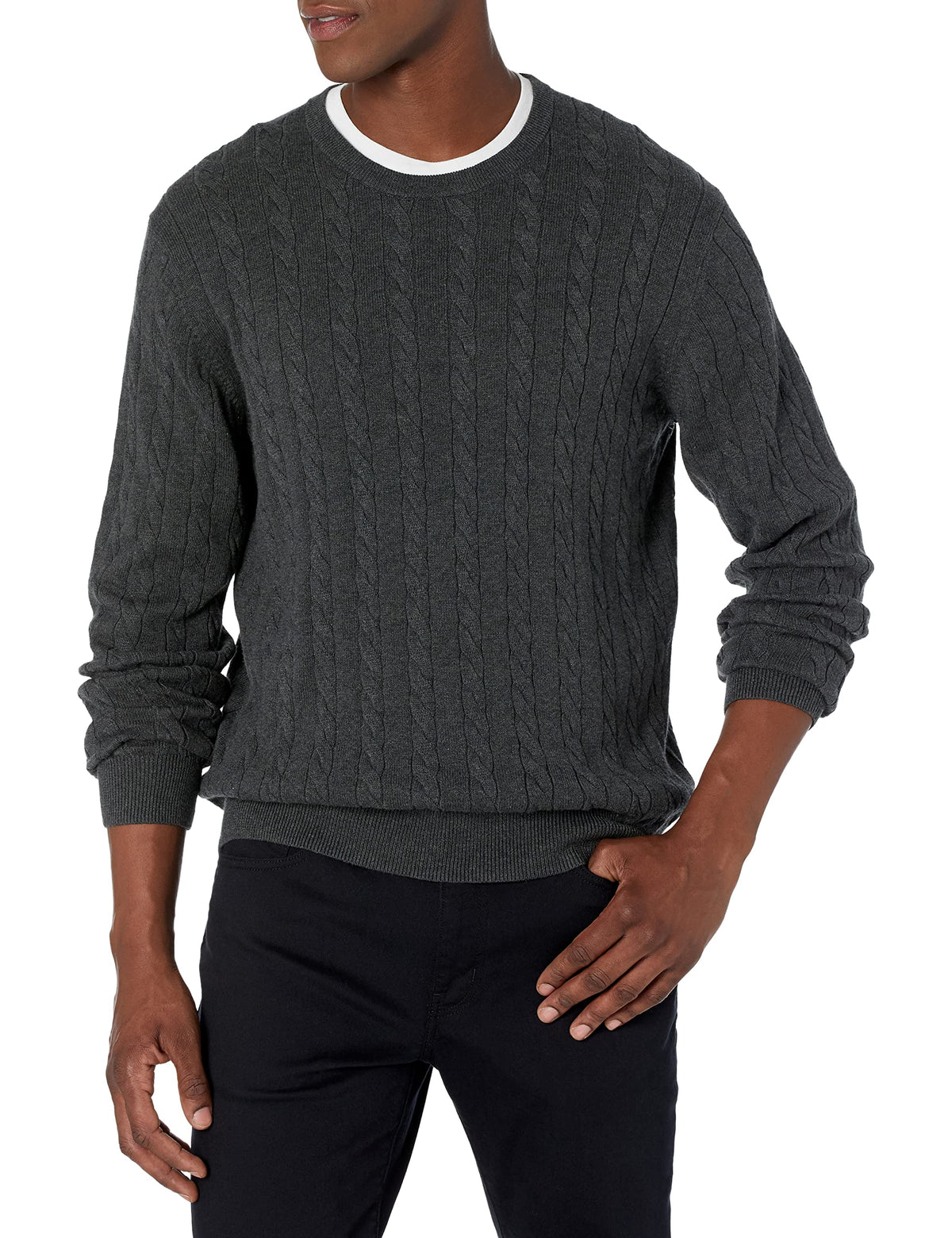 Luvella Men's Cable Knit Cotton Pullover Crewneck Sweater, Ribbed