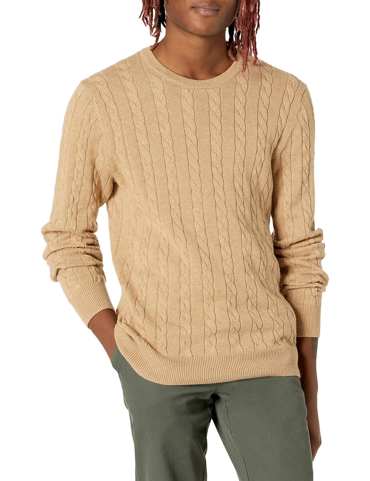 Luvella Men's Cable Knit Cotton Pullover Crewneck Sweater, Ribbed