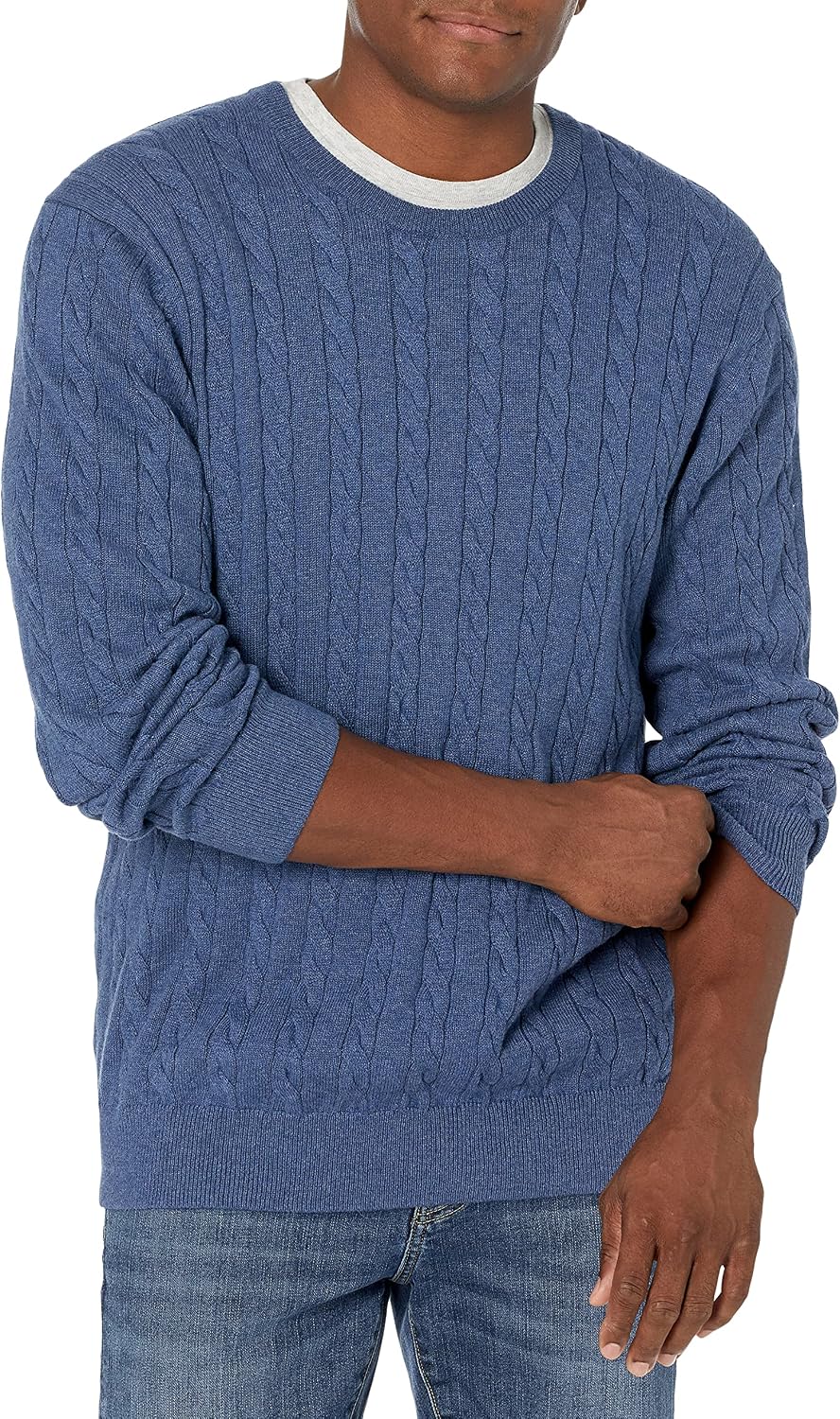 Luvella Men's Cable Knit Cotton Pullover Crewneck Sweater, Ribbed