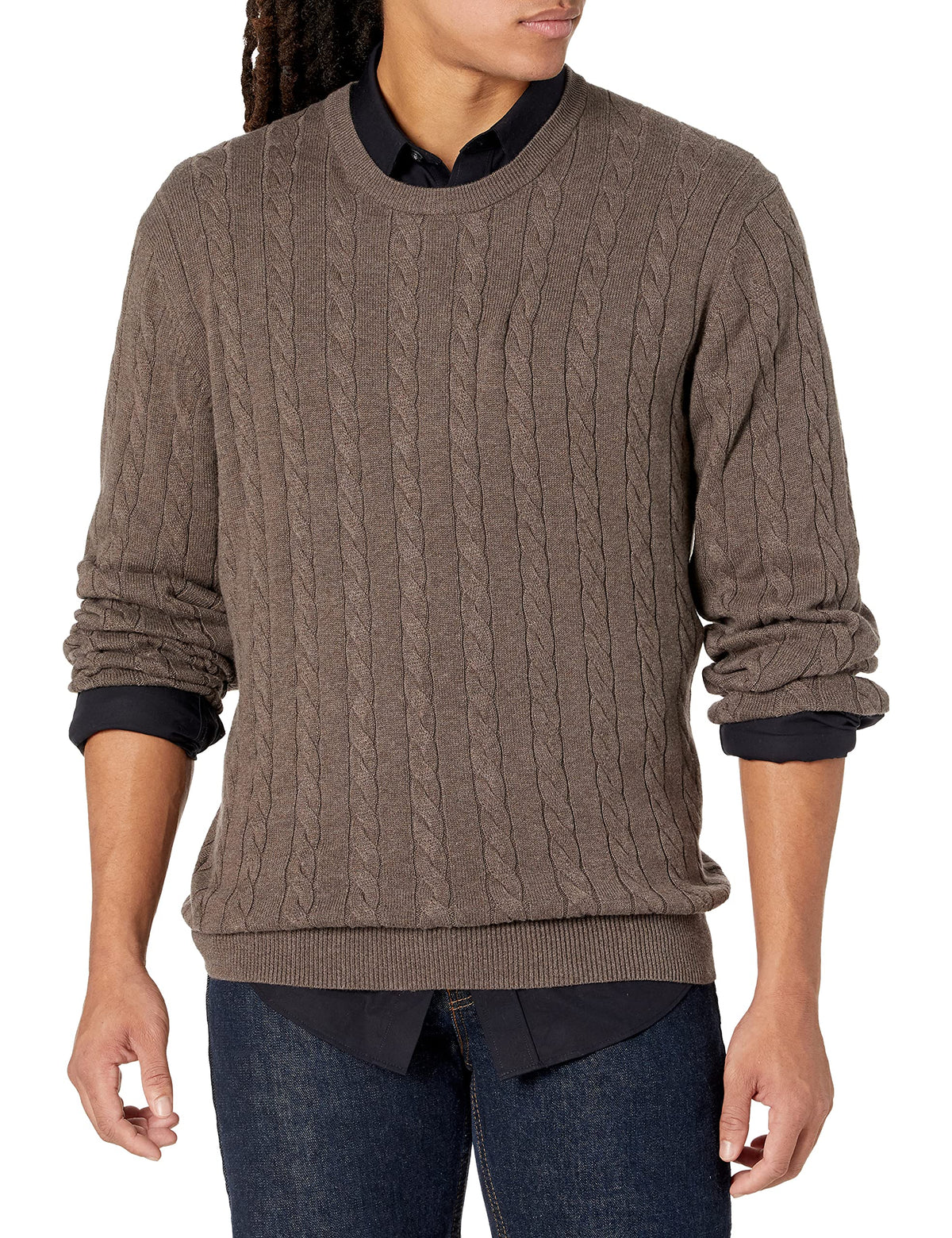 Luvella Men's Cable Knit Cotton Pullover Crewneck Sweater, Ribbed